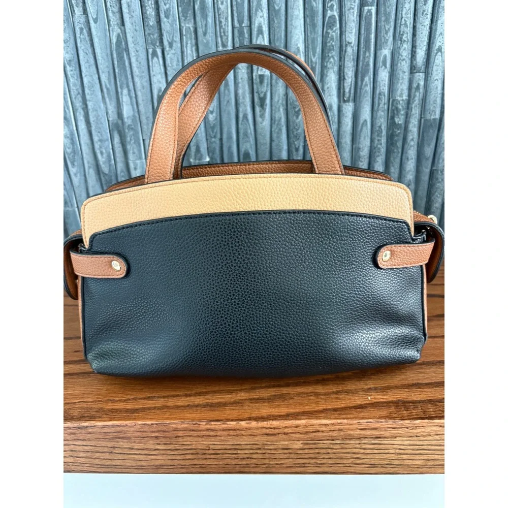 Nanette Lepore Satchel Handbag Black Tan  Pebbled Vegan Leather Gold Hardware